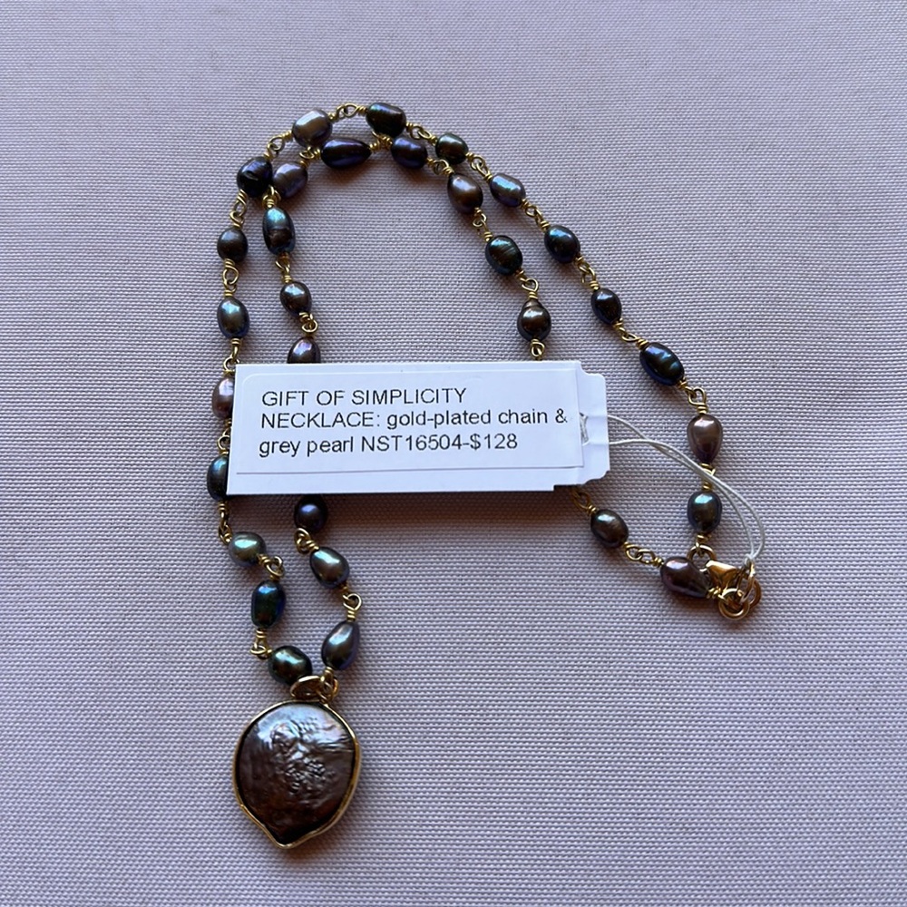 Silver & Sage Gray Pearl Necklace 16” Gold Plated Handmade Beaded Necklace